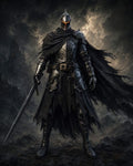 GRID THUMBNAIL — Armoured dark knight with tattered black cloak holding a longsword, standing before a distant gothic castle under stormy, ember-flecked clouds.