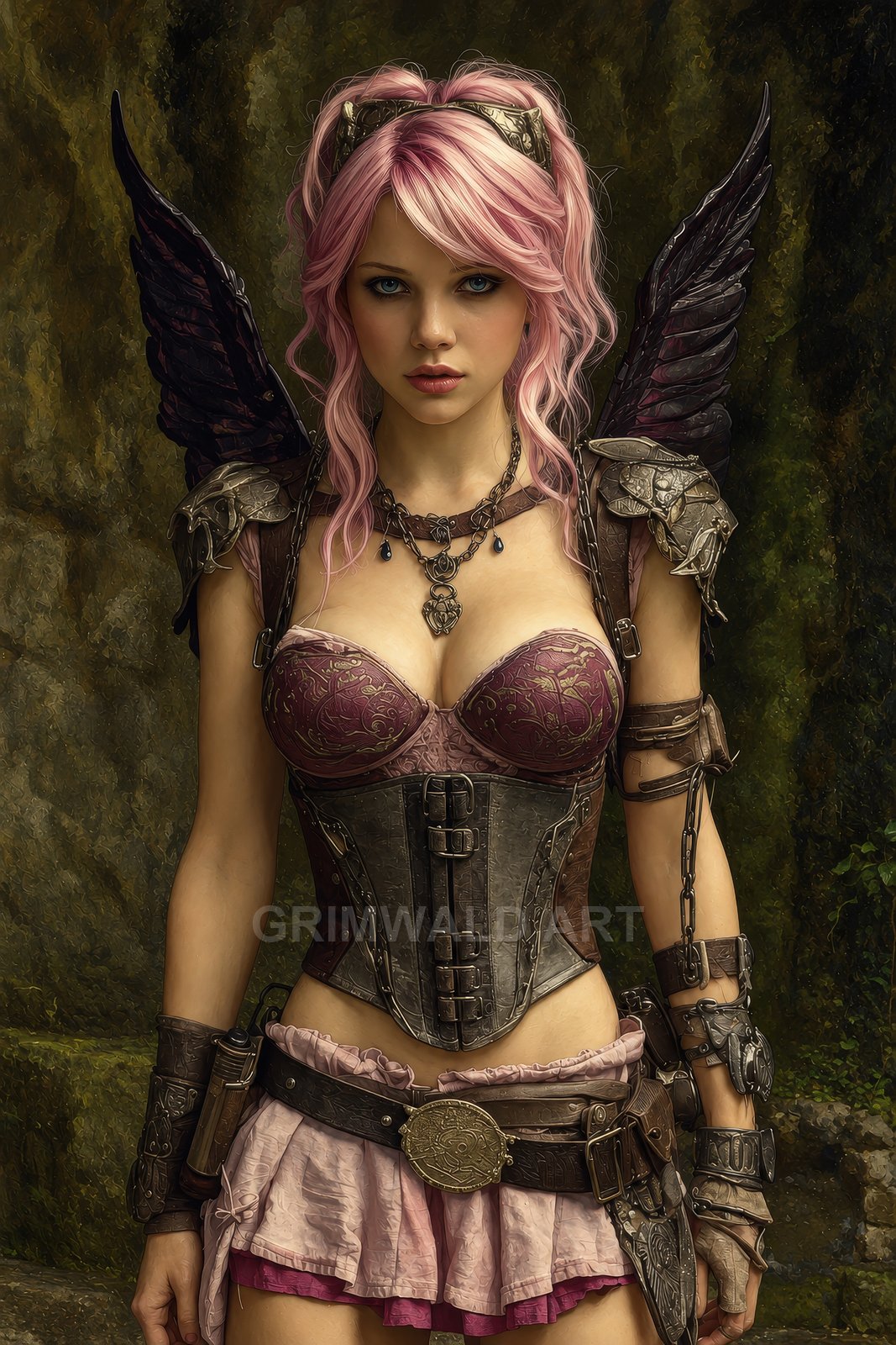 Armoured pink-haired winged woman stands before mossy stone ruins, wearing ornate corset, pauldrons and jewellery, with dagger at her belt and dark feathered wings.