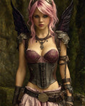 GRID THUMBNAIL — Armoured pink-haired winged woman stands before mossy stone ruins, wearing ornate corset, pauldrons and jewellery, with dagger at her belt and dark feathered wings.