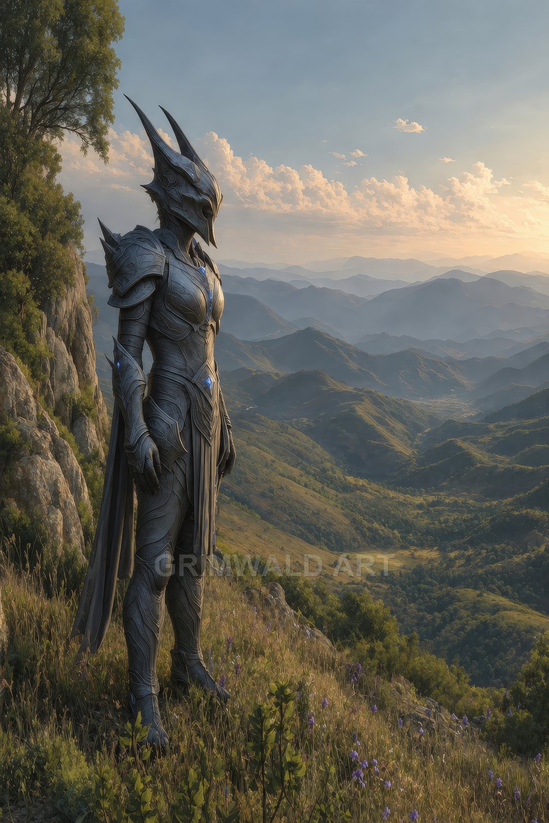 An ornate, horned-helmet knight stands on a grassy mountain slope at golden hour, surveying rolling green valleys and layered distant peaks beneath soft clouds.