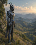 GRID THUMBNAIL — An ornate, horned-helmet knight stands on a grassy mountain slope at golden hour, surveying rolling green valleys and layered distant peaks beneath soft clouds.