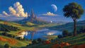 GRID THUMBNAIL — Grand fantasy castle rises beyond a mirror-still lake amid rolling green hills, golden clouds, and a pale daytime moon in a blue sky.