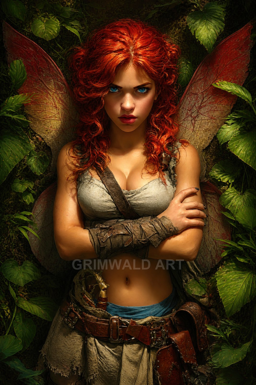 A red-haired fairy with leaf-like wings and leather bracers stands arms crossed in dense forest foliage, piercing blue eyes and dagger at belt.