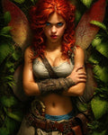 GRID THUMBNAIL — A red-haired fairy with leaf-like wings and leather bracers stands arms crossed in dense forest foliage, piercing blue eyes and dagger at belt.