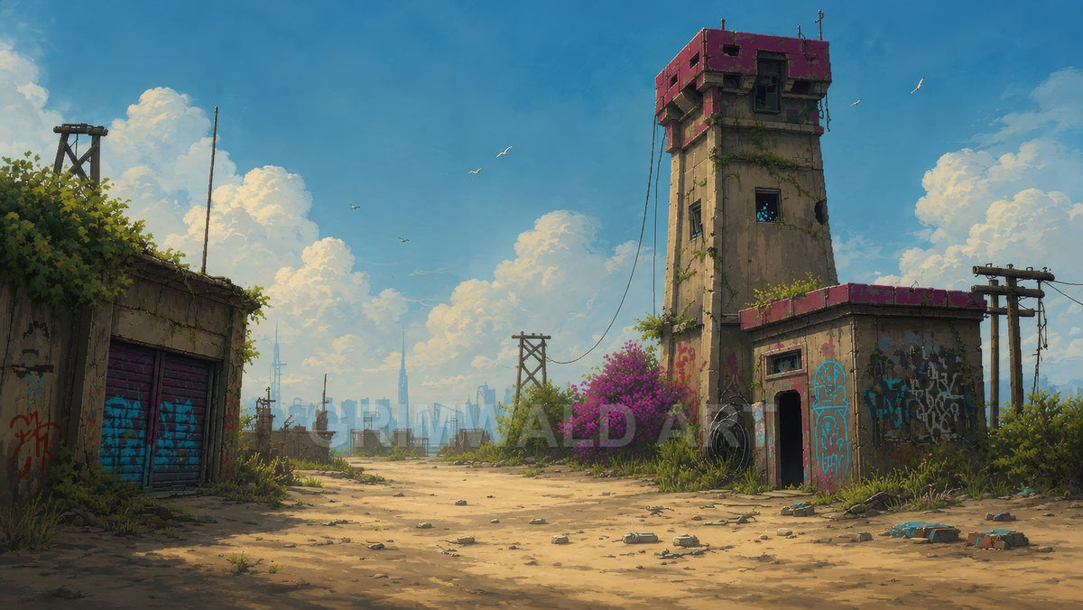 Abandoned concrete watchtower with a magenta roof, graffiti, and creeping vines beside a dusty road, with power poles and distant city skyline beneath blue clouds.