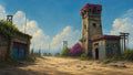 GRID THUMBNAIL — Abandoned concrete watchtower with a magenta roof, graffiti, and creeping vines beside a dusty road, with power poles and distant city skyline beneath blue clouds.