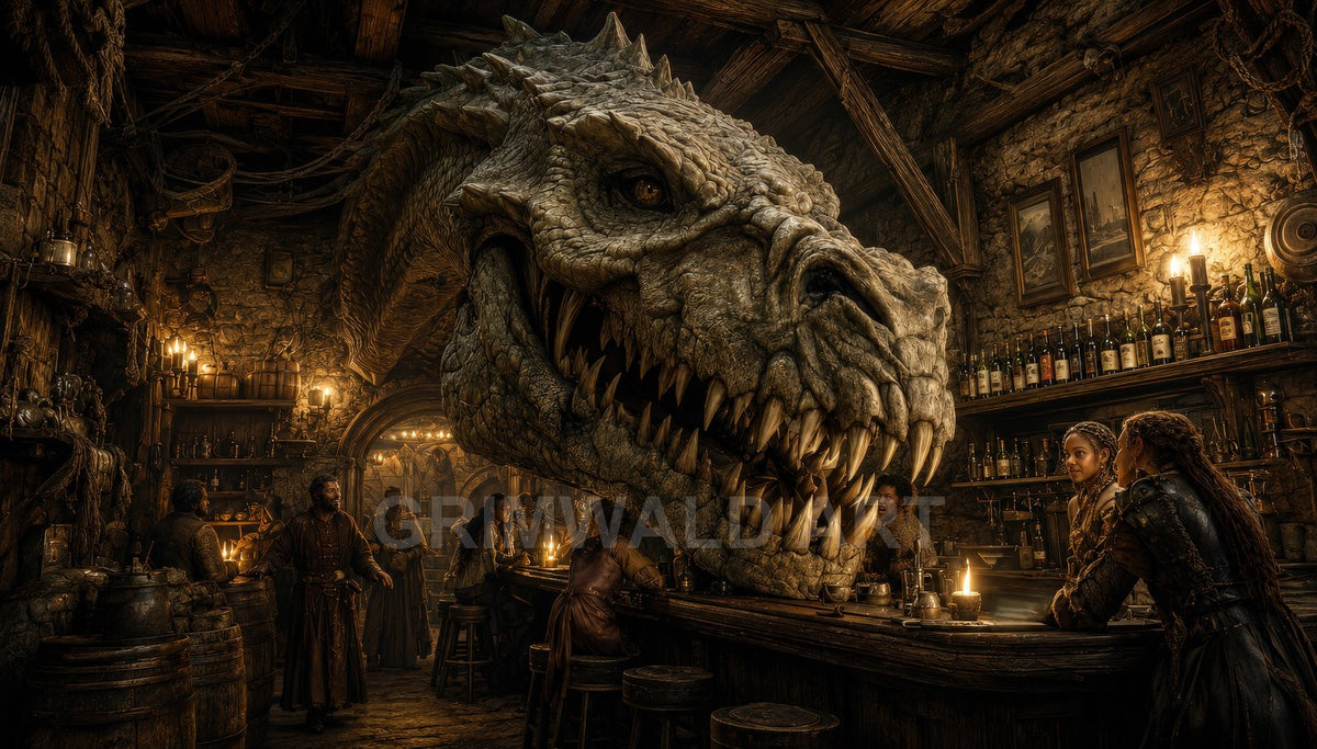A colossal dragon head thrusts into a medieval tavern, looming over patrons at a candlelit bar amid stone walls, timber rafters, and bottles.