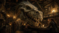 GRID THUMBNAIL — A colossal dragon head thrusts into a medieval tavern, looming over patrons at a candlelit bar amid stone walls, timber rafters, and bottles.