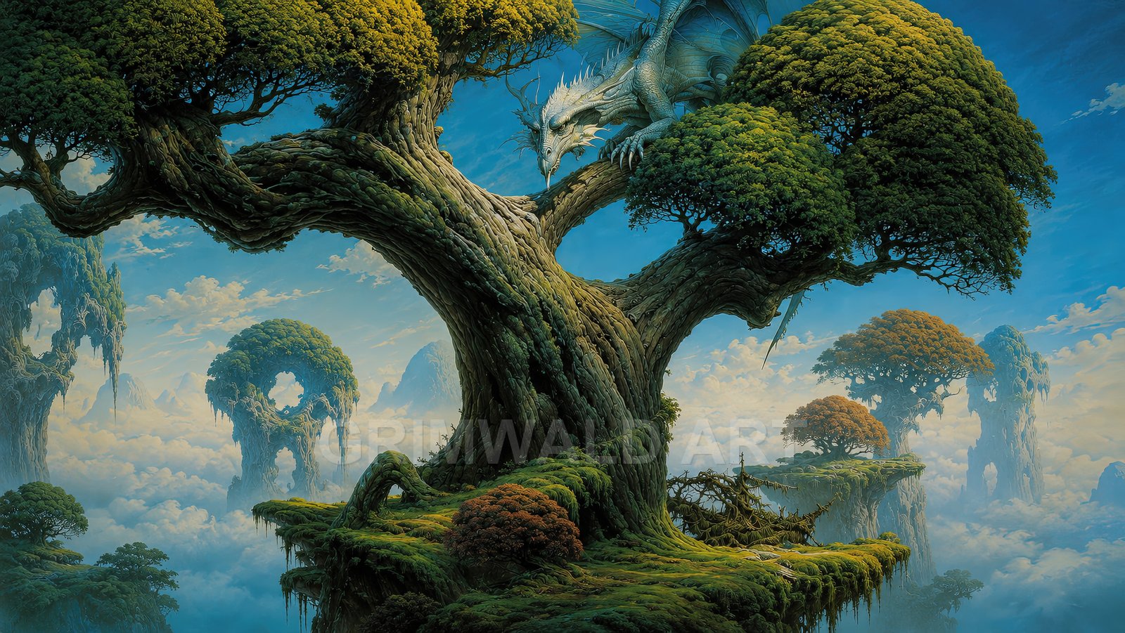 A pale blue dragon crouches on a massive gnarled tree on floating islands above clouds, ring-shaped cliffs and a clear daytime sky.