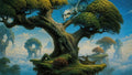 GRID THUMBNAIL — A pale blue dragon crouches on a massive gnarled tree on floating islands above clouds, ring-shaped cliffs and a clear daytime sky.