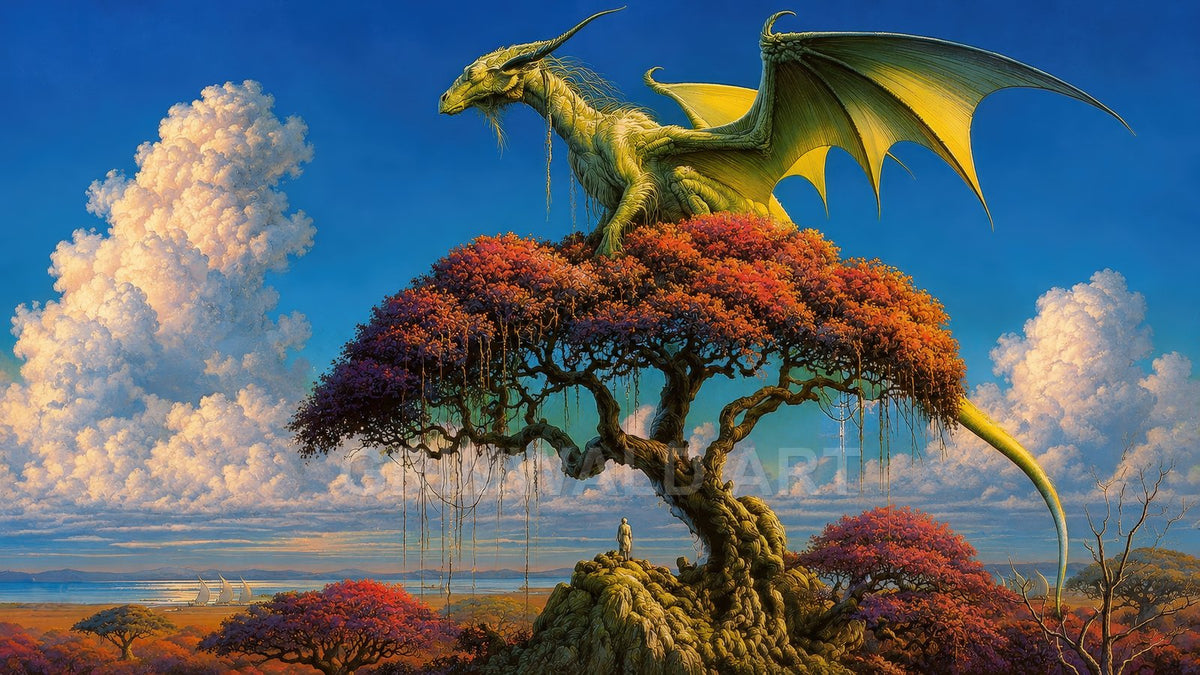 A large green dragon perched atop a sprawling red-purple tree under a vivid blue sky, with distant sails and a tiny traveller below.