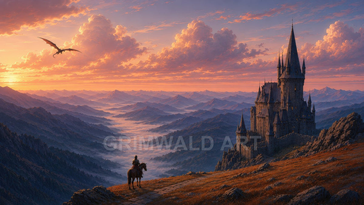 Golden-hour fantasy panorama with a spired mountain castle, dragon gliding above misty ranges, and lone rider on a stone path under glowing clouds.