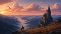 GRID THUMBNAIL — Golden-hour fantasy panorama with a spired mountain castle, dragon gliding above misty ranges, and lone rider on a stone path under glowing clouds.