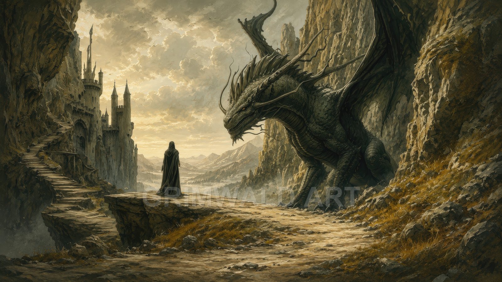 A massive dragon confronts a lone cloaked figure on a rocky mountain path beside a cliff-carved castle under golden, clouded skies.