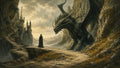 GRID THUMBNAIL — A massive dragon confronts a lone cloaked figure on a rocky mountain path beside a cliff-carved castle under golden, clouded skies.