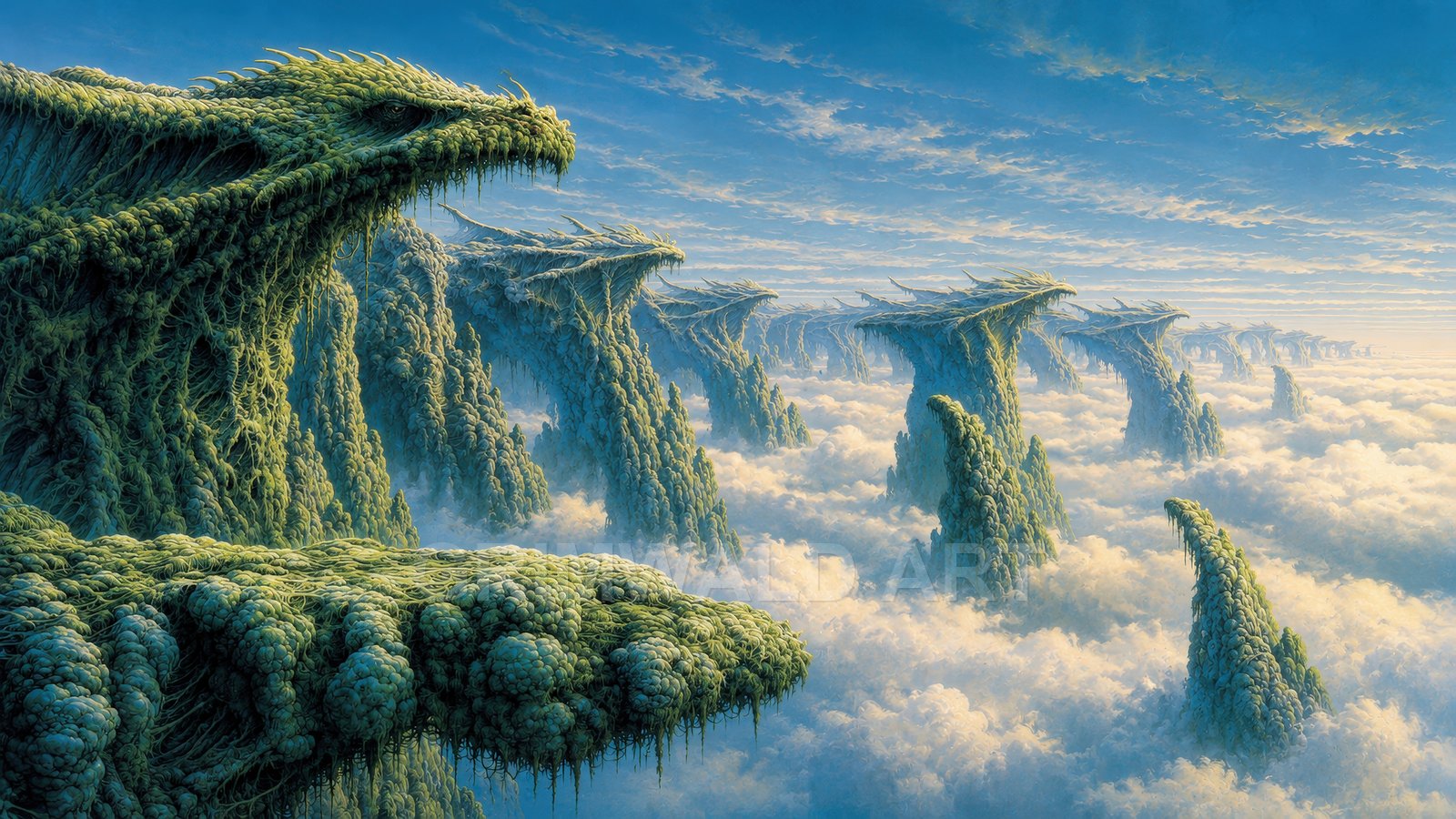 A sweeping fantasy scene of moss-covered, dragon-shaped cliffs rising through a radiant sea of clouds beneath a blue daytime sky, receding into distance.