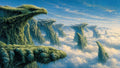 GRID THUMBNAIL — A sweeping fantasy scene of moss-covered, dragon-shaped cliffs rising through a radiant sea of clouds beneath a blue daytime sky, receding into distance.