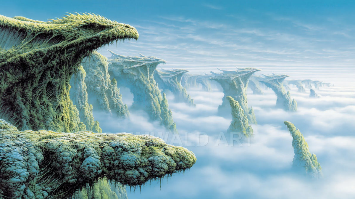 Jagged mossy rock spires shaped like dragon heads rise above a vast sea of clouds under a clear blue daytime sky.