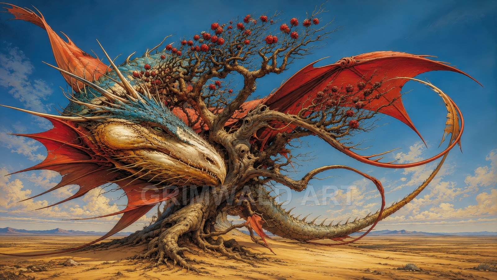 Colossal dragon fused with a twisted tree unfurls red wings over a sunlit desert plain, with blue-scaled crest and distant mountains under vast sky.