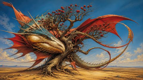 GRID THUMBNAIL — Colossal dragon fused with a twisted tree unfurls red wings over a sunlit desert plain, with blue-scaled crest and distant mountains under vast sky.