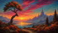 GRID THUMBNAIL — A dragon-shaped twisting tree on an autumn hillside overlooks a glowing sunset lake, with jagged spired mountains and crimson-streaked clouds.