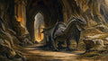 GRID THUMBNAIL — A spined, dark-scaled dragon snarls inside a vast cavern of ancient stone arches, warm firelight spilling from carved pillars and crumbling passageways.
