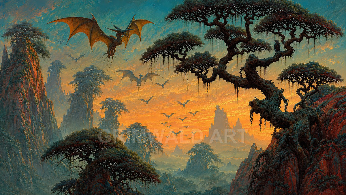 Fantastical sunset landscape with flocks of dragons gliding above misty mountains and twisted bonsai-like trees clinging to rugged red cliffs.