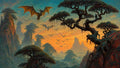 GRID THUMBNAIL — Fantastical sunset landscape with flocks of dragons gliding above misty mountains and twisted bonsai-like trees clinging to rugged red cliffs.
