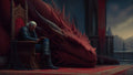 GRID THUMBNAIL — A vast red dragon rests beside a carved throne as an armoured figure reads, inside a gothic castle hall overlooking distant twilight mountains.