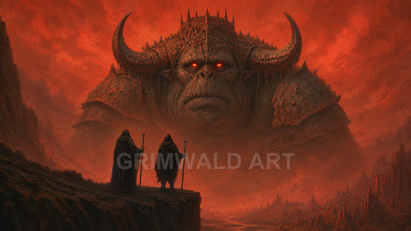 Dreadhorn Colossus – Retro Fantasy Landscape Art