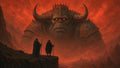 GRID THUMBNAIL — Two robed figures with staffs stand on a rocky ledge facing an enormous horned stone-armoured giant with glowing eyes in a red, volcanic landscape.