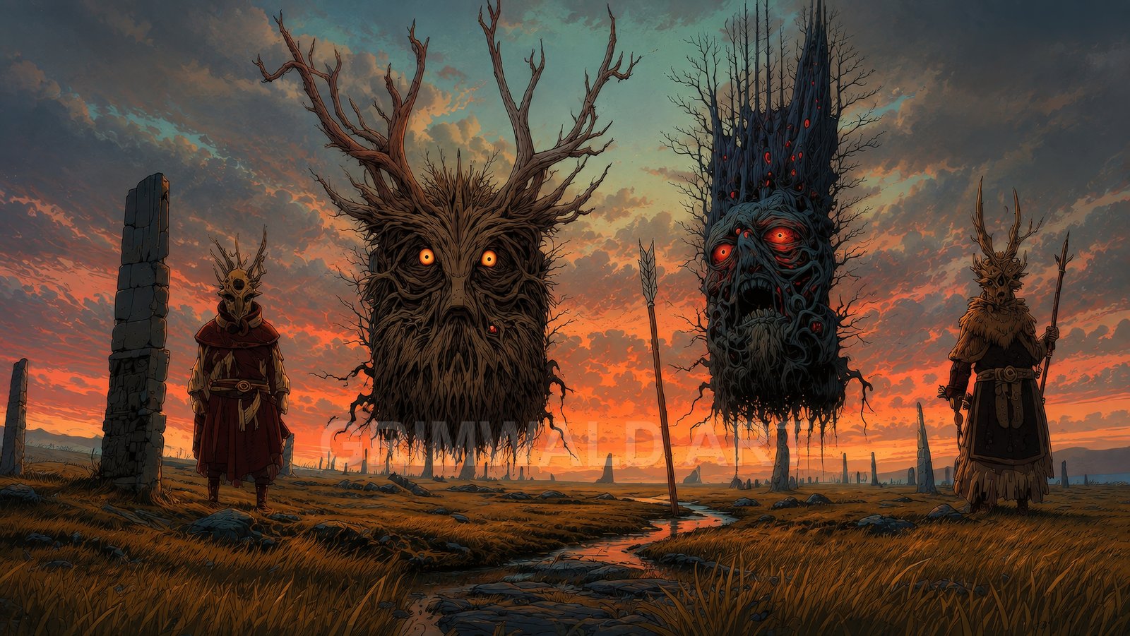 Ominous fantasy marsh at sunset with two floating tree-headed spirits, antler-helmed druids, standing stones, and a winding stream beneath dramatic orange clouds.