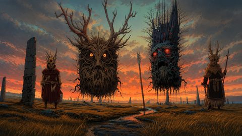 GRID THUMBNAIL — Ominous fantasy marsh at sunset with two floating tree-headed spirits, antler-helmed druids, standing stones, and a winding stream beneath dramatic orange clouds.