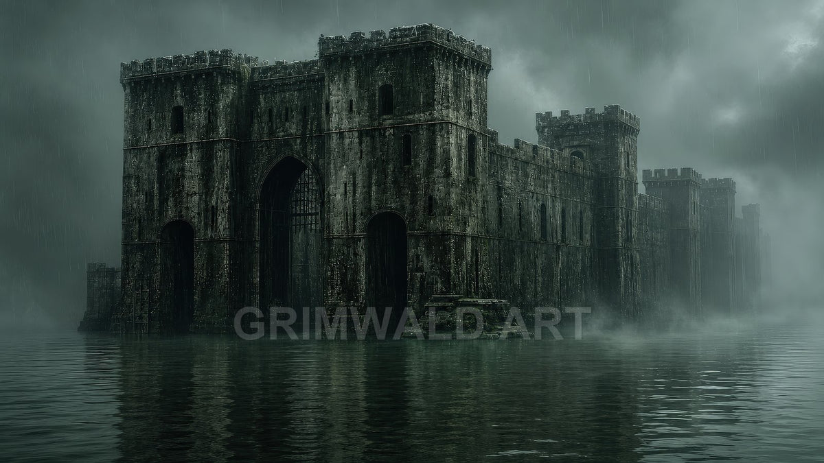 A massive gothic stone castle rises from a misty lake under pouring rain, its dark walls and towers reflected in still, grey water.