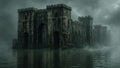 GRID THUMBNAIL — A massive gothic stone castle rises from a misty lake under pouring rain, its dark walls and towers reflected in still, grey water.