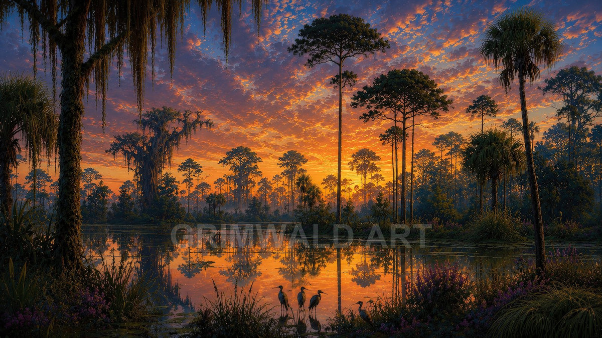 A tranquil swamp at sunset with tall palm and cypress trees, mirrored water, Spanish moss, and four herons standing at the glowing shore.
