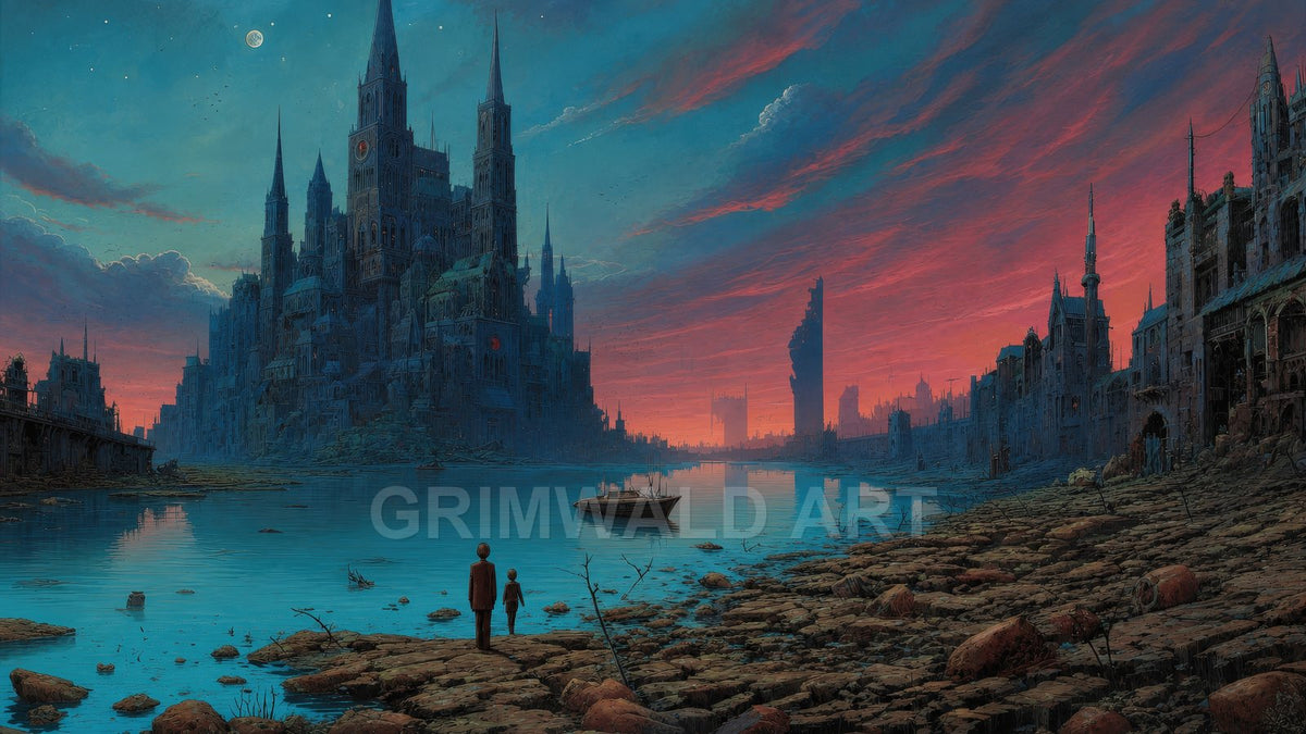 A vast gothic city of spires and ruins lines a wide river at twilight, reflected in blue water, with a small boat and two observers.