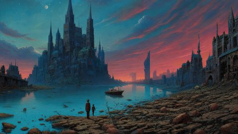 GRID THUMBNAIL — A vast gothic city of spires and ruins lines a wide river at twilight, reflected in blue water, with a small boat and two observers.