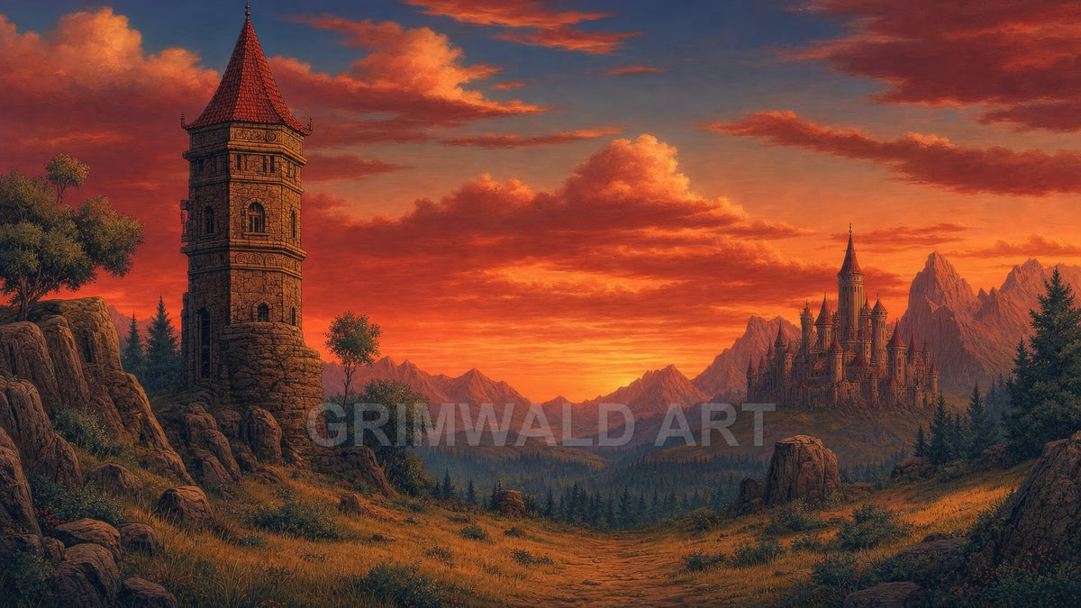 Stone watchtower on a rocky hill overlooking a pine valley, with a distant spired castle and mountains under a dramatic orange sunset sky.