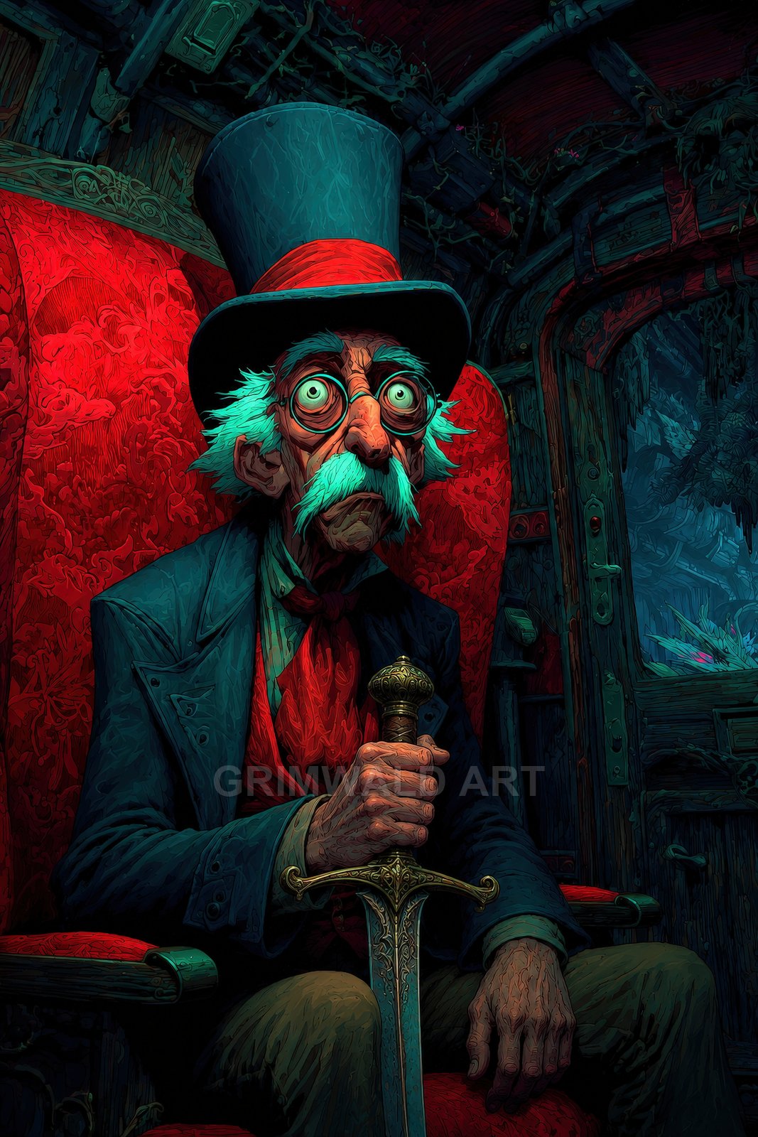 Elderly man with bulging eyes and a tall top hat sits on a red velvet chair in a decaying carriage, gripping a sword at night.