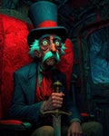 GRID THUMBNAIL — Elderly man with bulging eyes and a tall top hat sits on a red velvet chair in a decaying carriage, gripping a sword at night.