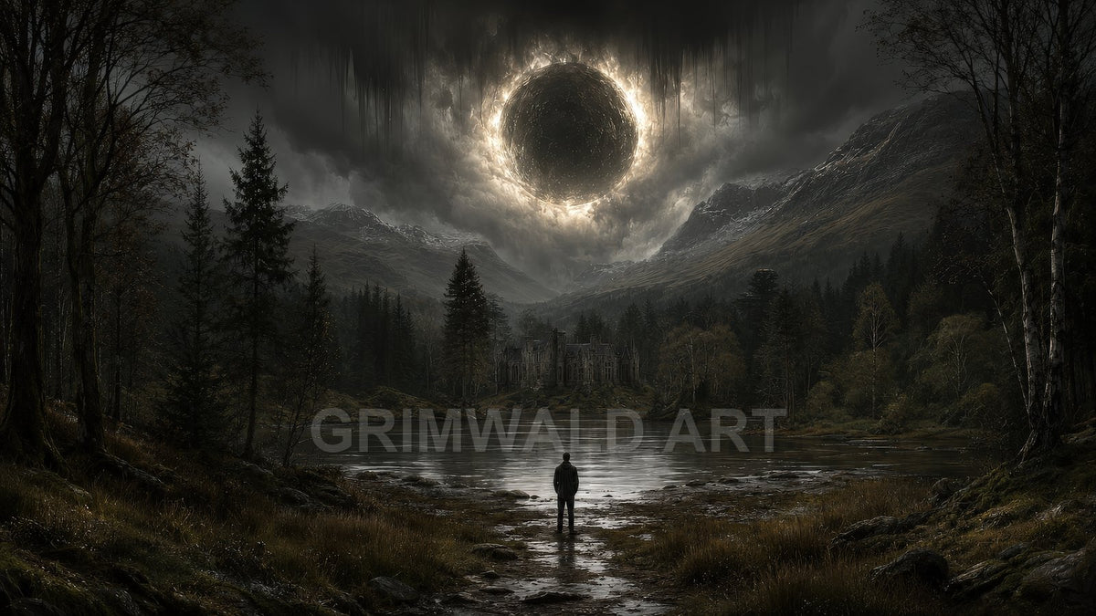 A dark mountain valley with a still lake, distant gothic castle, and a glowing-ringed black eclipse above, watched by a lone figure.