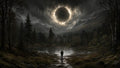 GRID THUMBNAIL — A dark mountain valley with a still lake, distant gothic castle, and a glowing-ringed black eclipse above, watched by a lone figure.