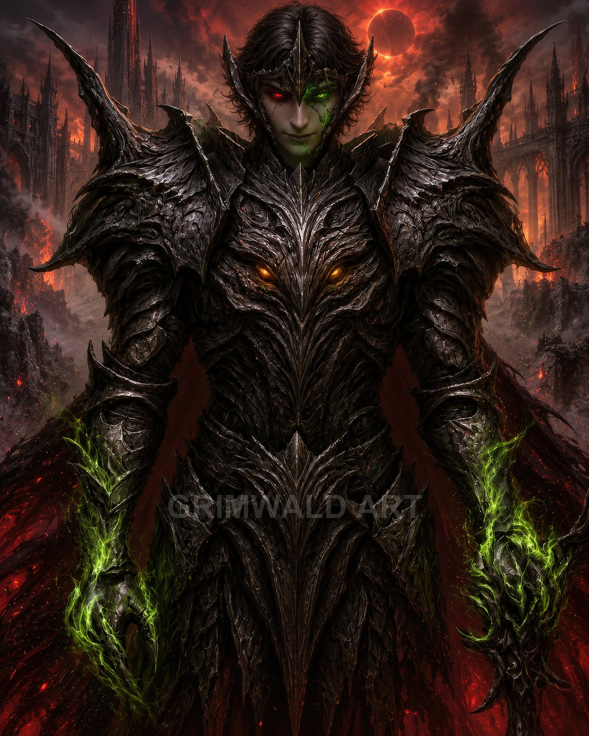 Armoured demon warrior with glowing green magic and a red eclipse sky, standing before gothic cathedrals in spiked black armour amid an ominous firelit atmosphere.