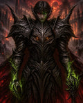 GRID THUMBNAIL — Armoured demon warrior with glowing green magic and a red eclipse sky, standing before gothic cathedrals in spiked black armour amid an ominous firelit atmosphere.