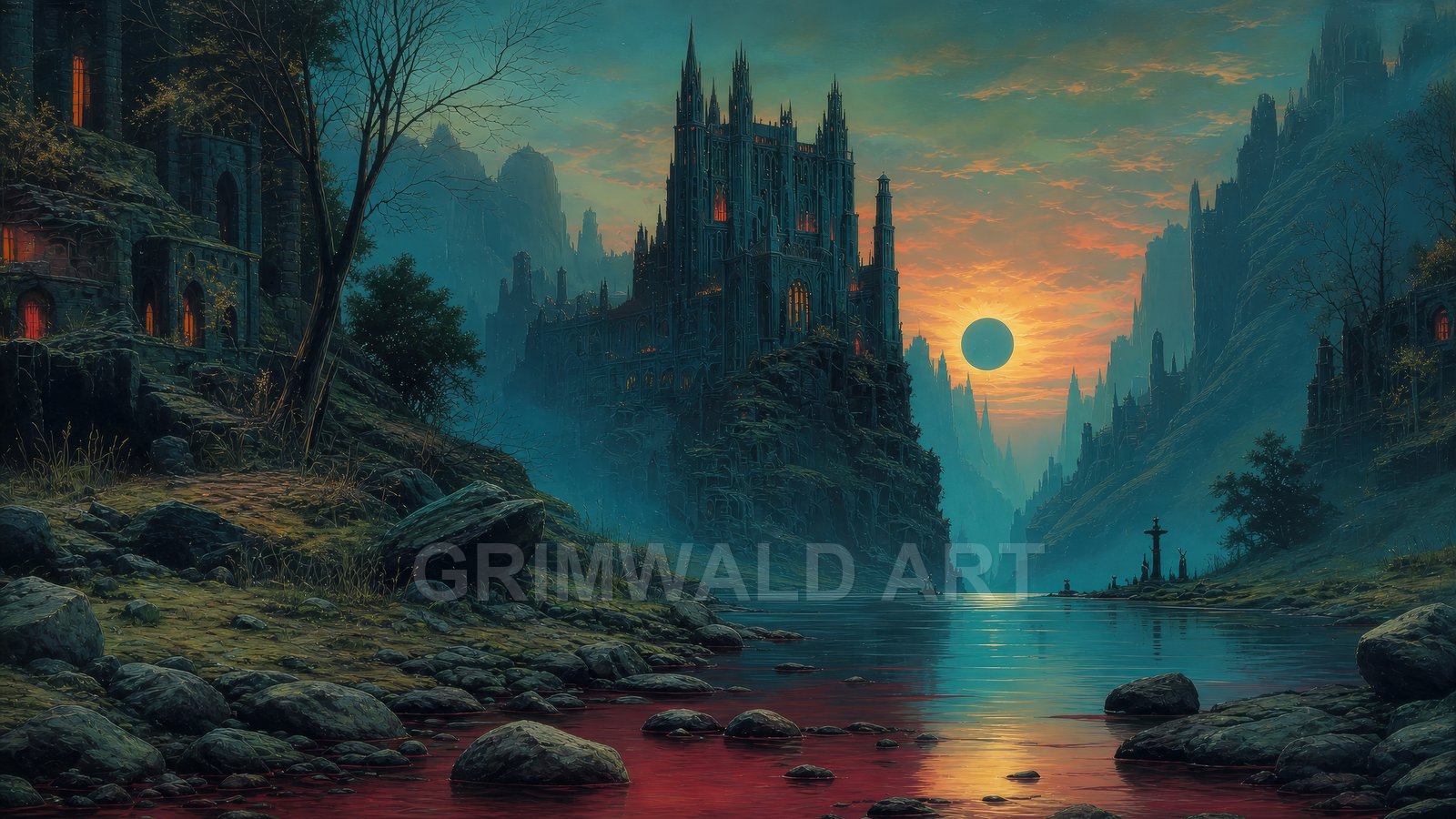 Gothic castle towers over a misty river valley at sunset, an eclipse hanging above, red water reflecting spires and glowing windows.