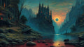 GRID THUMBNAIL — Gothic castle towers over a misty river valley at sunset, an eclipse hanging above, red water reflecting spires and glowing windows.