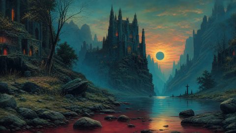 GRID THUMBNAIL — Gothic castle towers over a misty river valley at sunset, an eclipse hanging above, red water reflecting spires and glowing windows.
