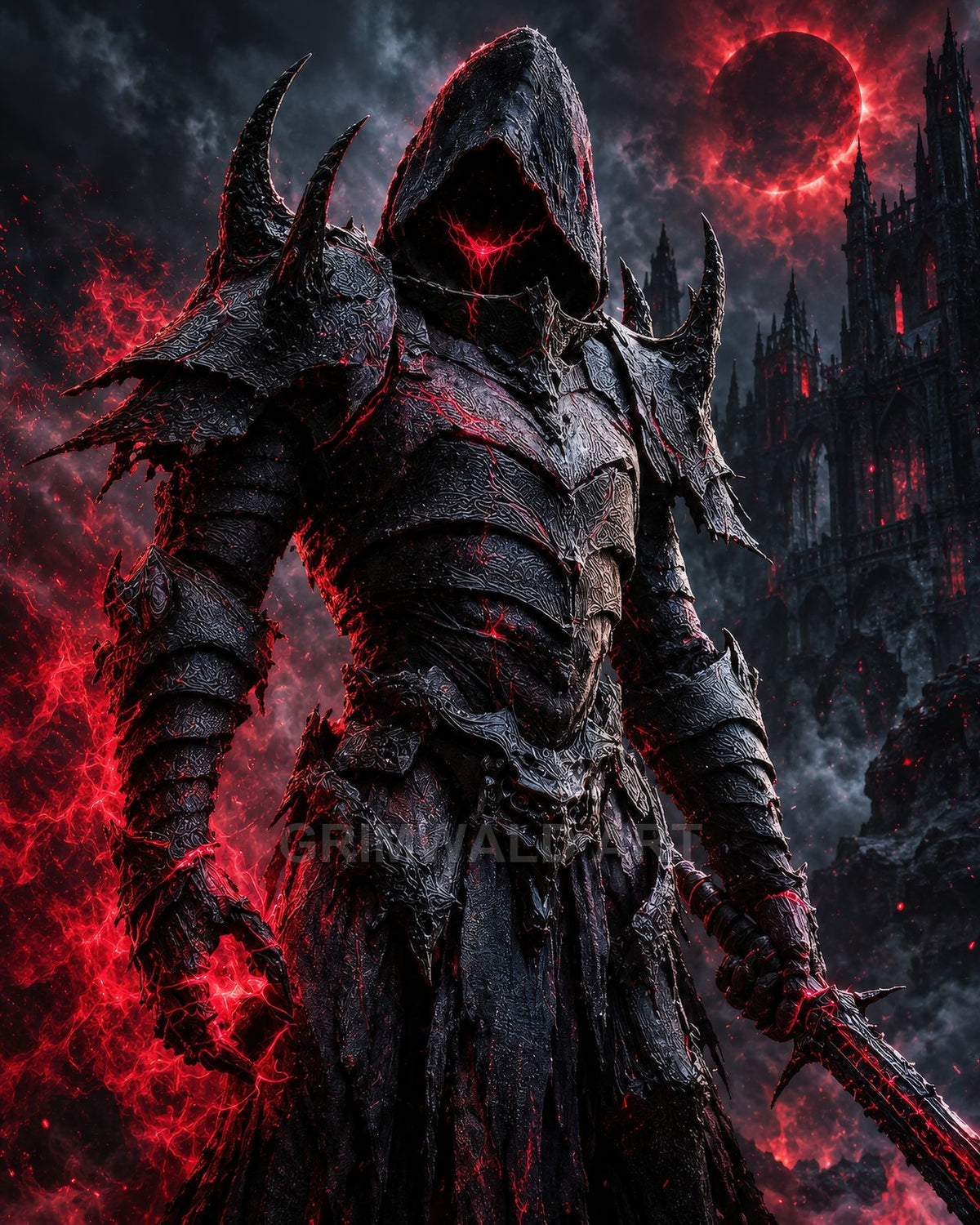 Hooded undead knight in spiked black armour wreathed in red energy, holding a brutal sword before a gothic castle under a blood-red eclipse.