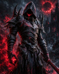 GRID THUMBNAIL — Hooded undead knight in spiked black armour wreathed in red energy, holding a brutal sword before a gothic castle under a blood-red eclipse.
